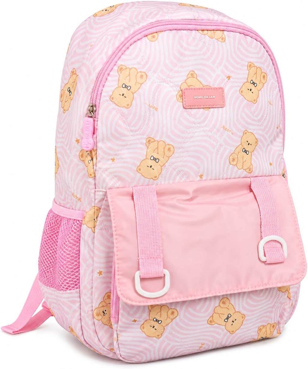 Kids School Bag, 180 Degree Open, Bear Pattern, Mint & Pink, Multi Pockets