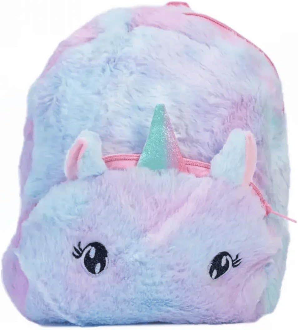 Kids Plush Backpack, Cartoon Multicolor Soft Fur with Golden Horn and Glitter Eyes, for Eid and School