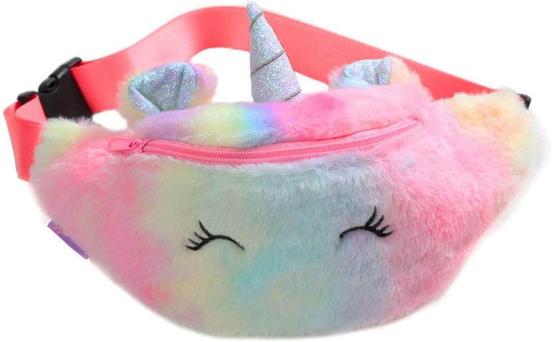 Women Girls Kids Fluffy Fuzzy Unicorn Fanny Pack Tie Dye Rainbow Waist Pack Crossbody Purse Chest Bum Belt Bag, Pink, One Size