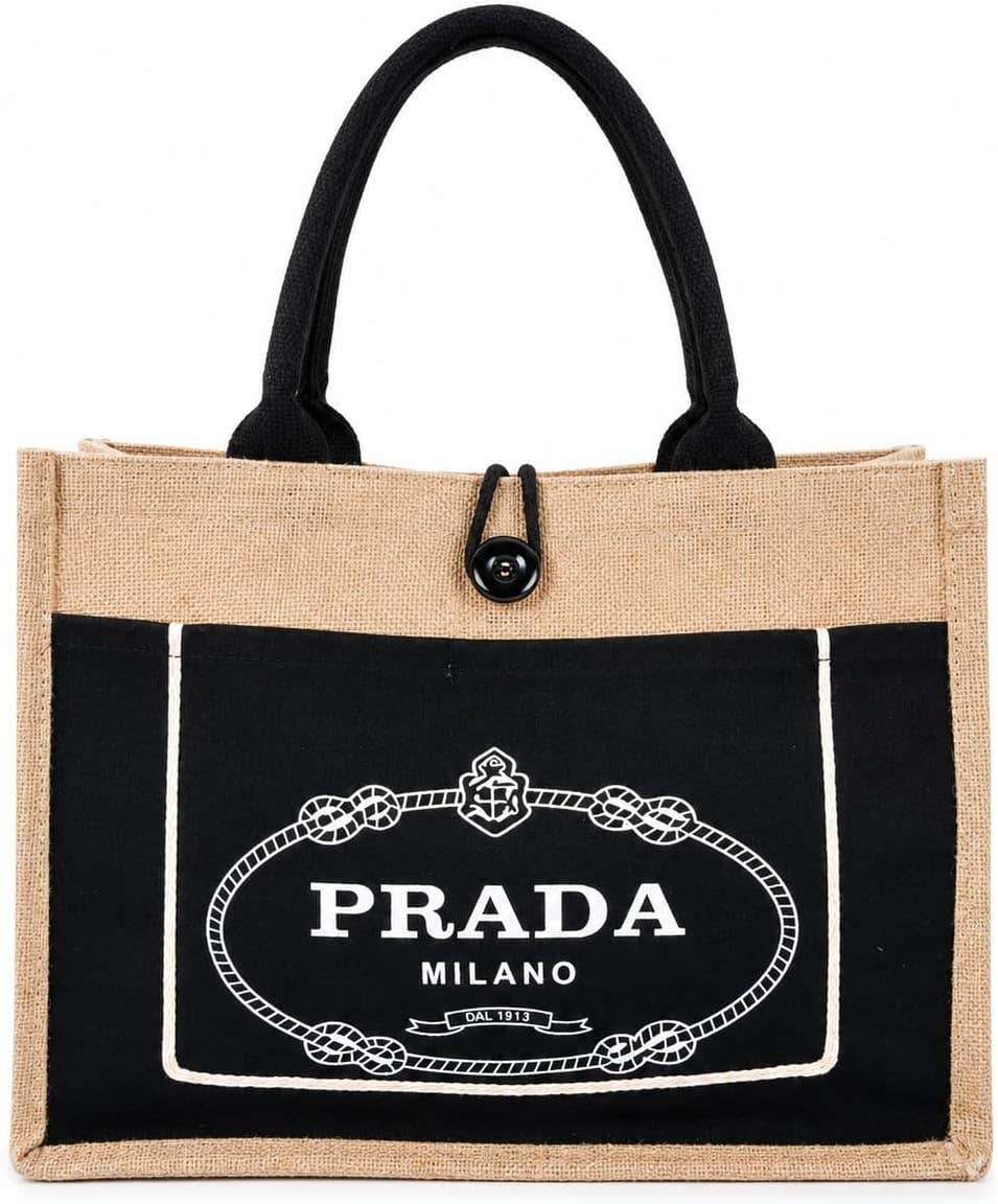 Women's Burlap Shoulder Bag 42 * 31 * 12cm Summer Outdoor Bag With White Cotton Handle