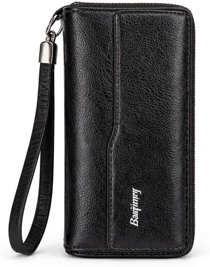 Multifunctional Leather Hand Wallet for Phone, Card and Money with Wrist Strap (Black)
