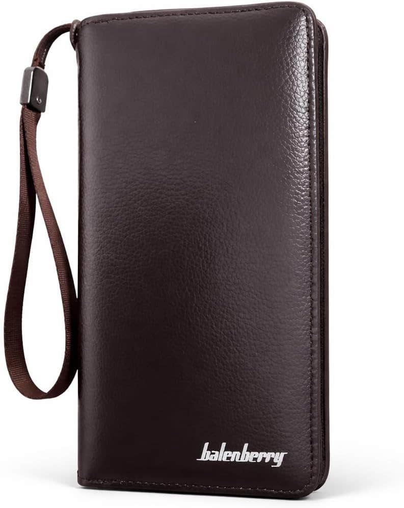 Leather Zipper Wallet with Wrist Strap, Phone & Card Organizer (BROWN)