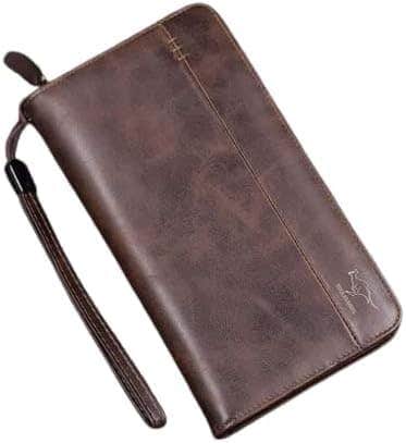 Men's Brown Leather Zipper Wallet with Wrist Strap, Multifunction Wallet for Phone, Money, Cards, 22x12x2.5cm (Brown)