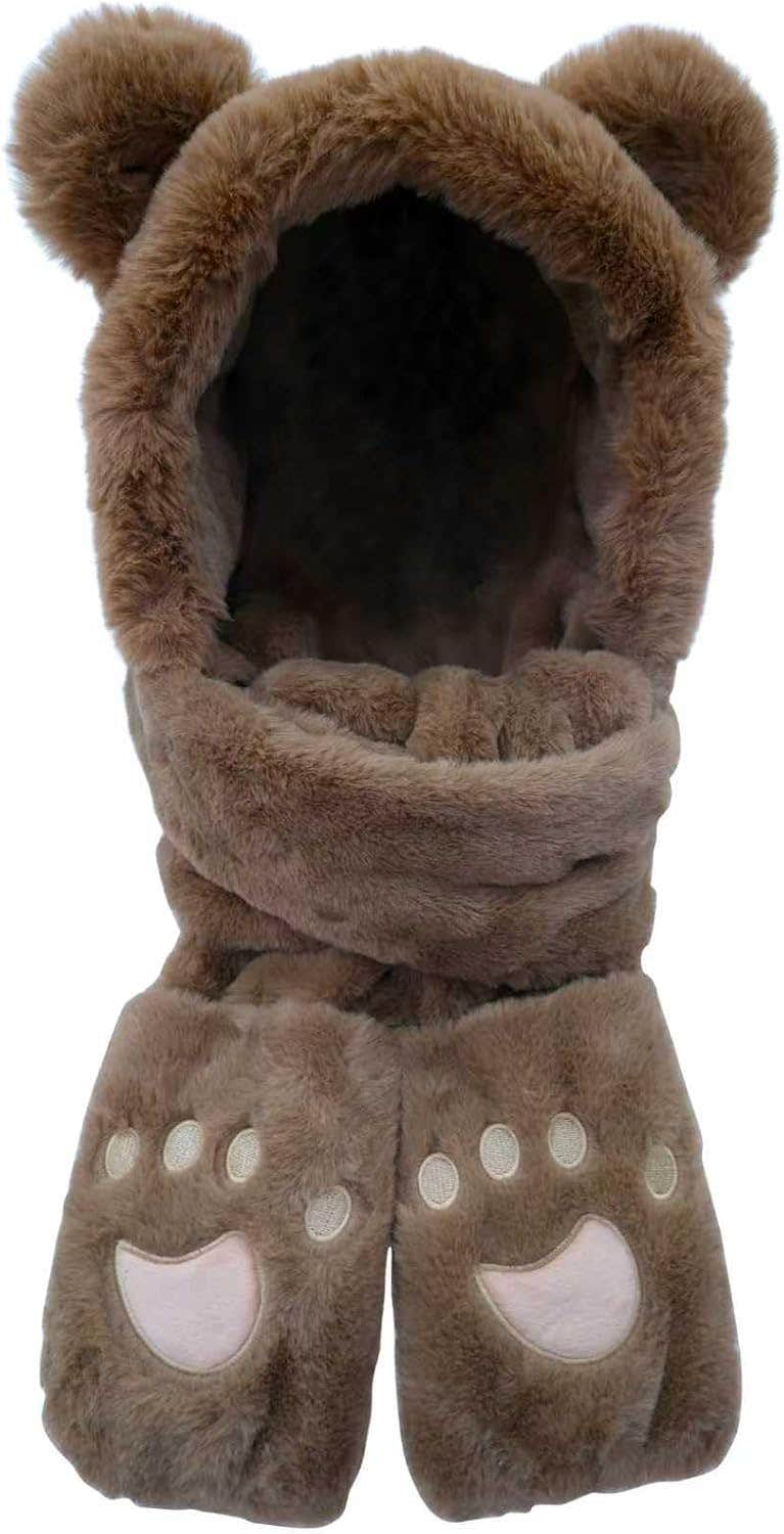 Women's Bear Plush Hooded Scarf with Mitten Soft Cute Muffler Cap Mitten Set Fall Winter