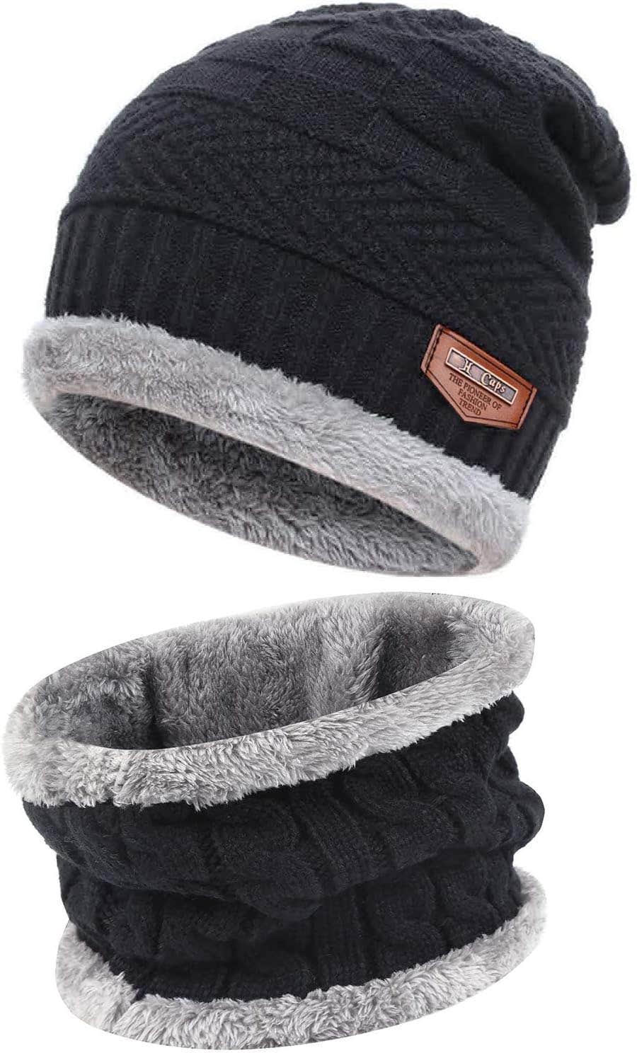 Bequemer Laden Winter Warm Hat Beanie Scarf Set Wool Knitted Hat Winter Hat and Loop Scarf with Thick Fleece Lining for Men and Women, gray, One Size