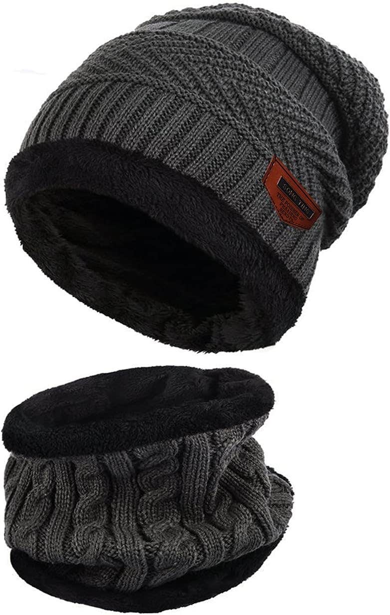 Nieery Winter Hat Men's Beanie Hat Warm Knitted Hat with Fleece Lining Women's Beanie Hat and Loop Scarf Set Unisex Winter Warm Set for Ski Blue