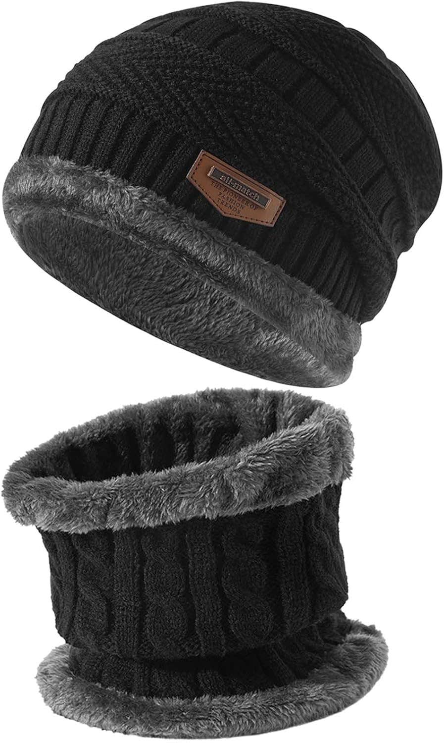 2pieces Mens Winter Beanie Hat Fleece Lined Scarf Set Knit Stretch Skull Cap Beanie Hat for Men & Women, Black-2, One Size