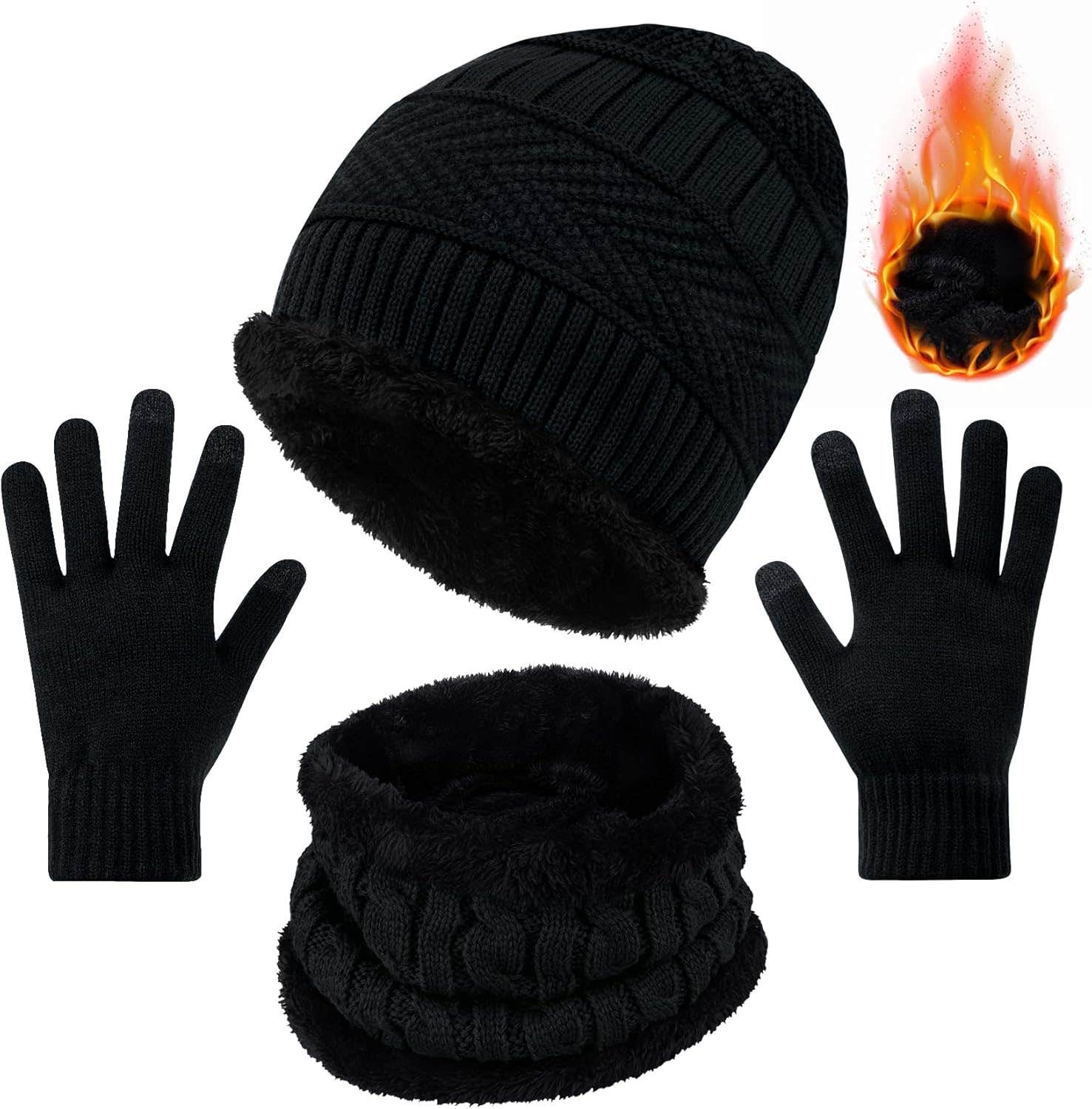 Winter Beanie Hat Scarf Touch Screen Gloves Set for Unisex Thermal Warm Elastic Neck Warmer Super Soft Knitted Hat Outdoor Sports Gloves Gift for Men and Women