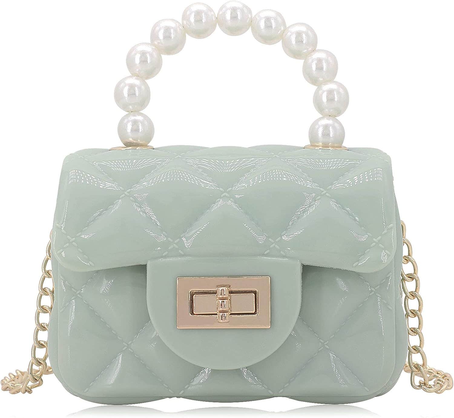 Unisex Mini Jelly Purse Flap Handbag with Pearls Top Handle Faux Quilted Crossbody Bag Mini Jelly Purse Flap Handbag with Pearls Top Handle Faux Quilted Crossbody Bag