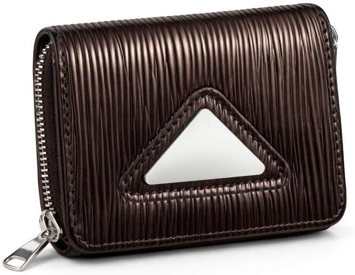 Women Compact Zipper Wallet Leather Striped Triangle Logo Multi Color Wallet For Cash And Cards (Brown)