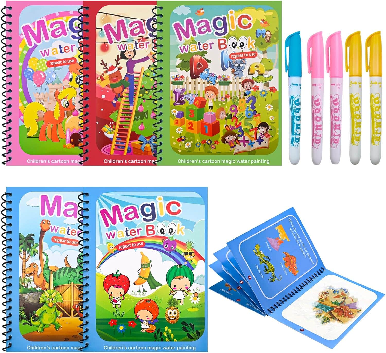 Kacunoki Water Magic Colouring Book Set for Kids, 5 Reusable Water Painting Books with Pens
