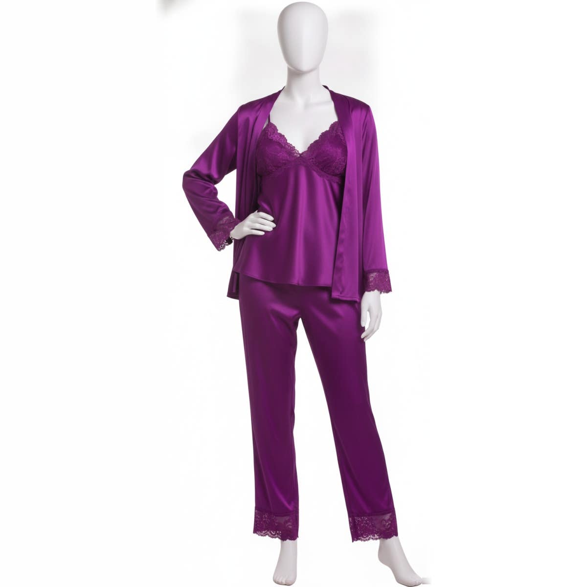 Women's Pajama Set - Gamal Sons, Satin & Lace - Dark Purple