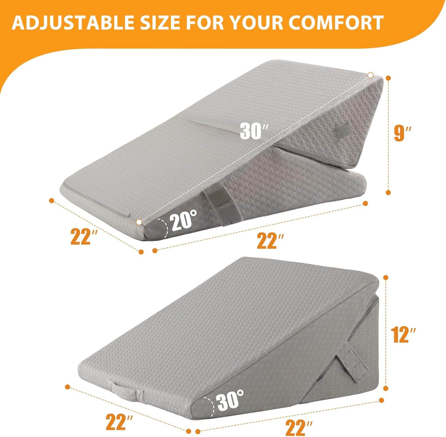 Ruqmuis 7-in-1 Memory Foam Wedge Pillow - Back Pain Relief, Leg Support, Acid Reflux - Grey