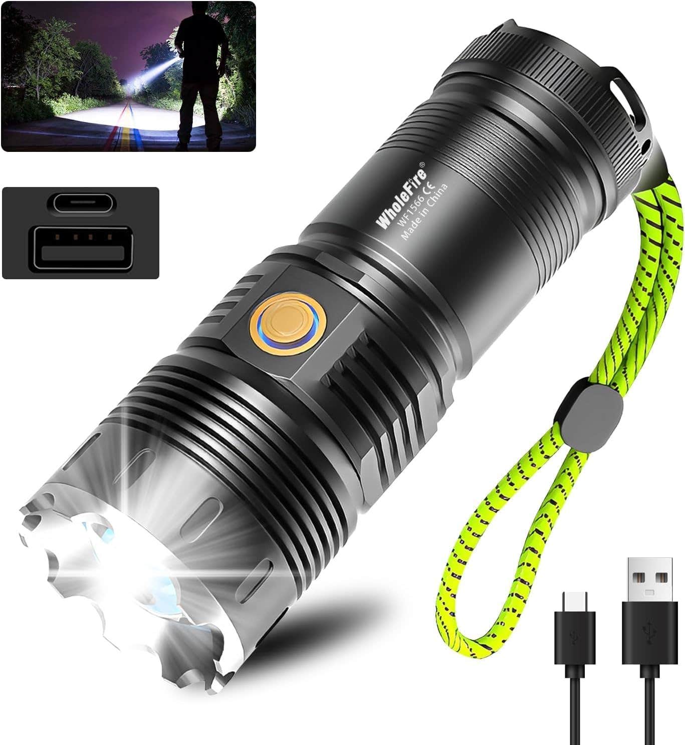 Calyrex LED Rechargeable Flashlight - 200000 Lumens, Waterproof, Zoomable, Black
