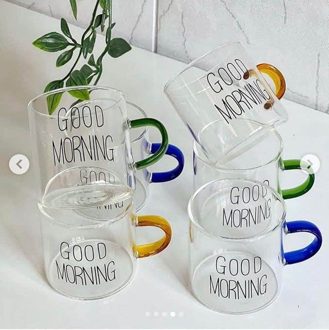Good Morning Text Glass Coffee Small Mugs with Colored Handles 130ML 6 Pieces Set