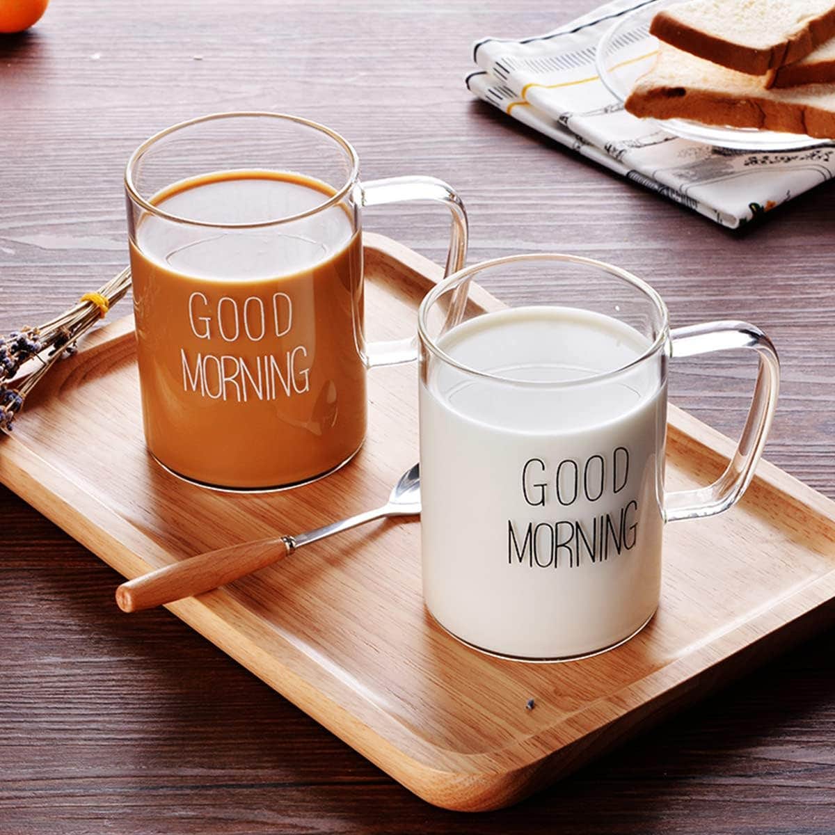 SIPERLARI 500ml Clear Glass Coffee Tea Mug - Good Morning Logo, Microwave Safe - Best Gift for Mom Dad Friends