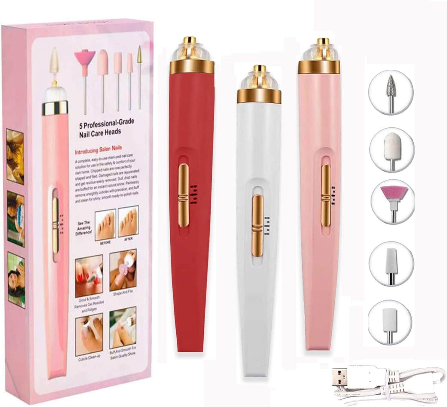 POMME Electric Nail File Set with USB Charging - 5 Nail Heads - Professional Manicure & Pedicure Kit