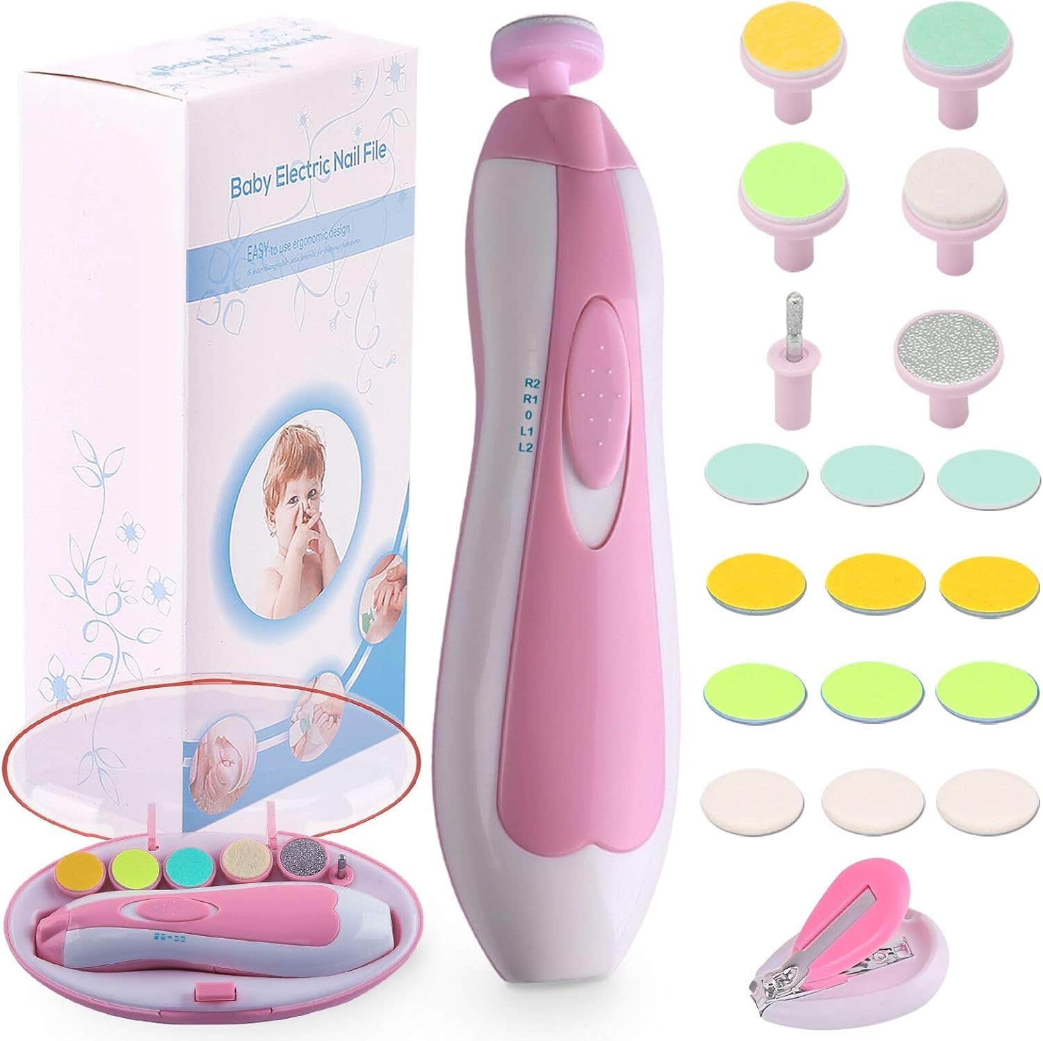 Electric Baby Nail Trimmer Kit 6-in-1 for Safe Nail Care - LED Light, Polishing, Various Grinding Heads