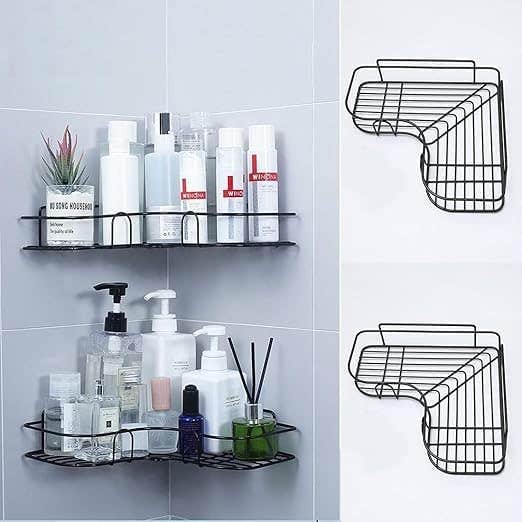 Black Corner Shower Shelf 2 Pack - Adhesive Wall Mount Bathroom Organizer