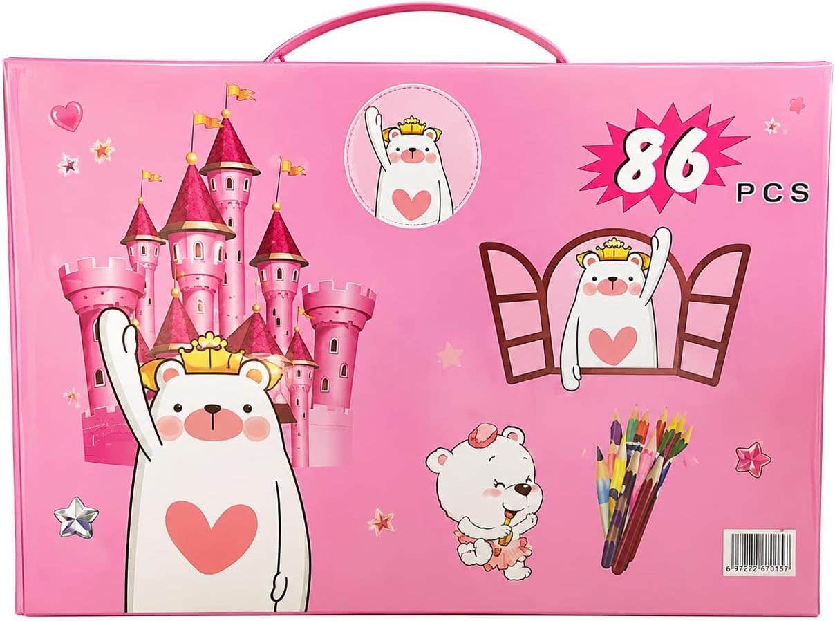 Girls Pink Princess Bear Art Drawing Set, 86 Pcs