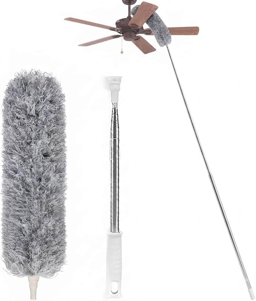 Generic Microfiber Ceiling Duster with Extendable Pole | Wet & Dry Use, Stainless Steel, 2.5m | Fans & Cobwebs
