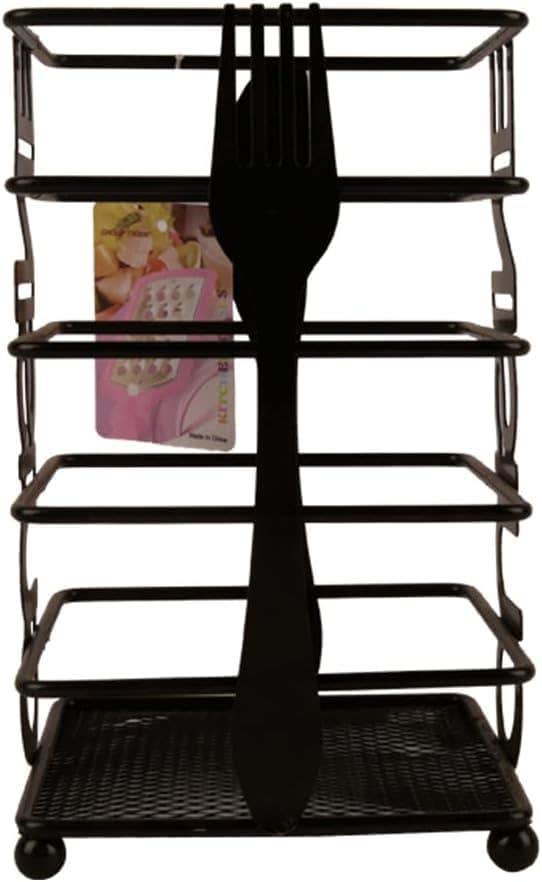 Black Metal Wire Cutlery Holder Rack with Utensil Silhouette Design | 4-Tier Storage, Mesh Base, Ball Feet, Kitchen Organiser, Freestanding