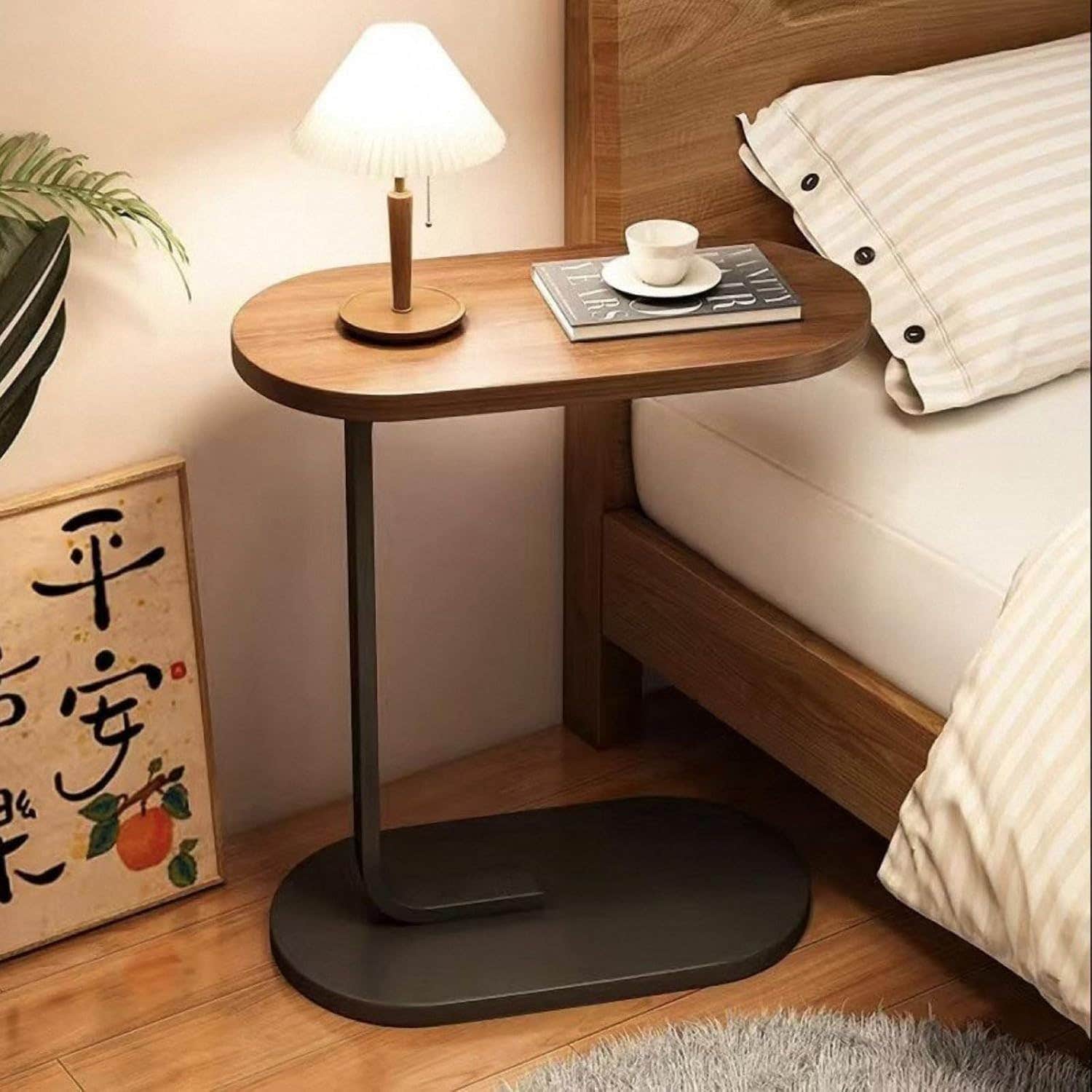 Modern C-Shaped Sofa Side Table, Space-Saving Wood & Metal, 40x30x60 cm