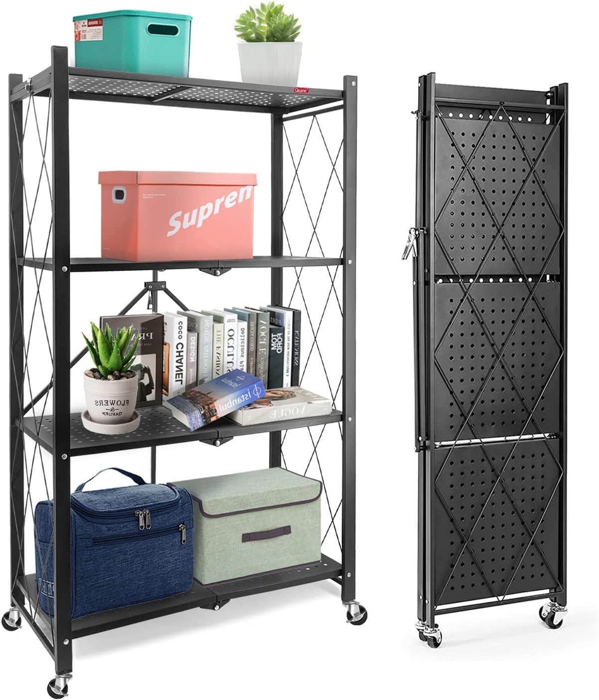 Folding Storage Rack with 4 Shelves, Wheels for Kitchen & Garage - Large Capacity Wire Shelf Organizer