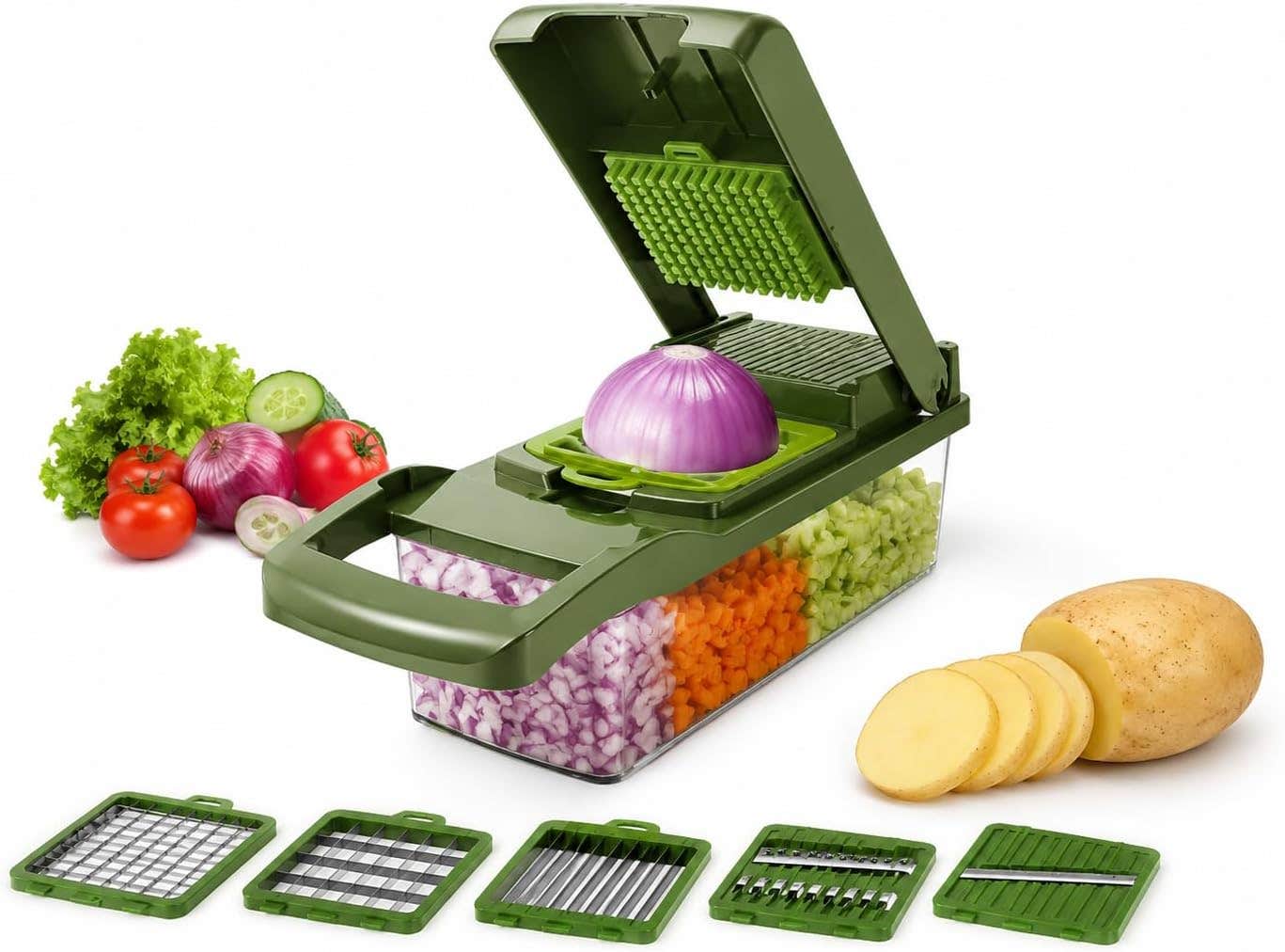 Kitchen Ideas 16 Pcs Veggie Slicer, 16-in-1 Set | Detachable Blades, Dicing, Grating & Slicing, BPA & PTFE Free, Includes Peeler & Colander, Multi-Functional Lid