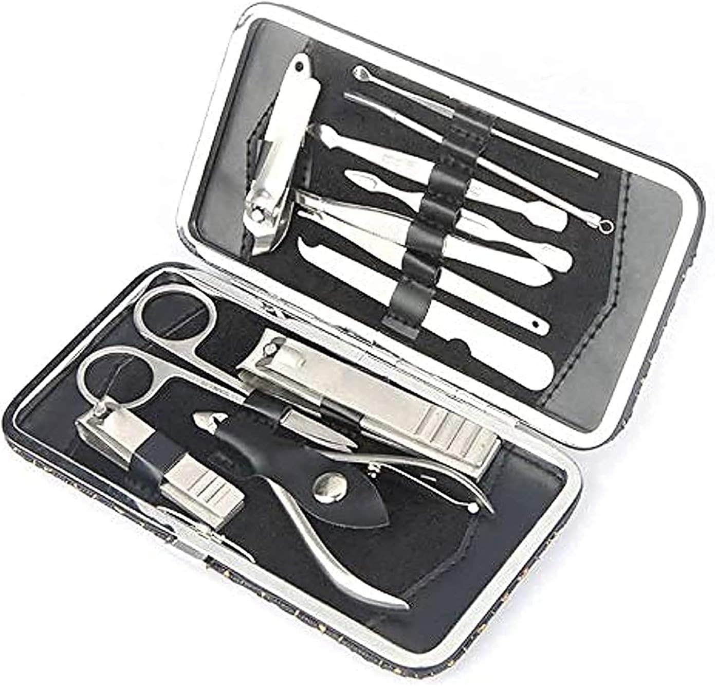 Manicure Pedicure Ear pick Nail Clippers Set Scissors Grooming Tweezer Earpick Care Leather Case,gH9732