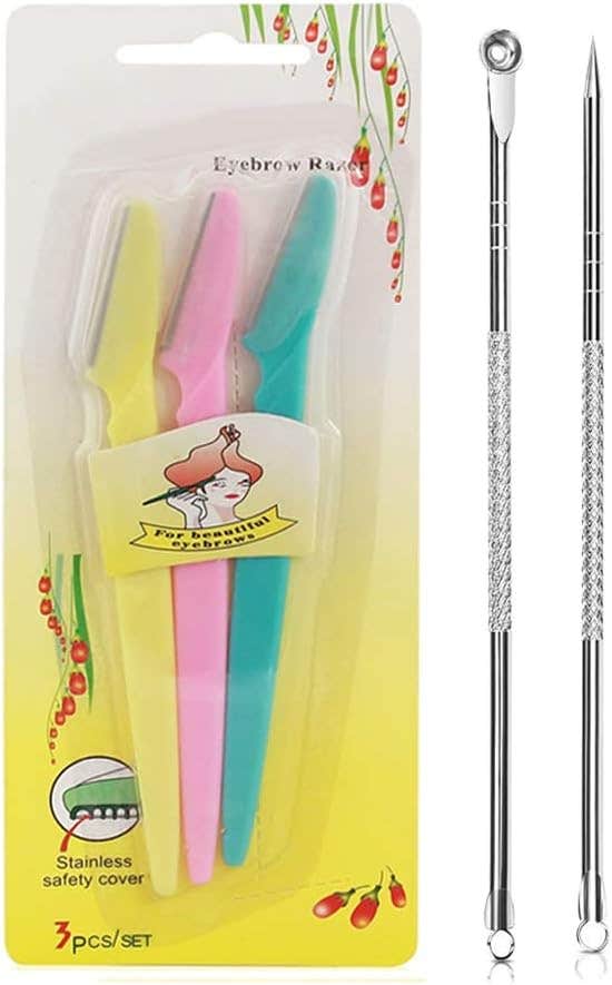 3 Pcs Eyebrow Razor Eye Brow Trimmer Shaver Facial Face Hair Remover Exfoliating Dermaplaning Tool Kit Stainless Steel Blades Eyebrow Shaper for Women With 2-1 Blackhead Remover Tool