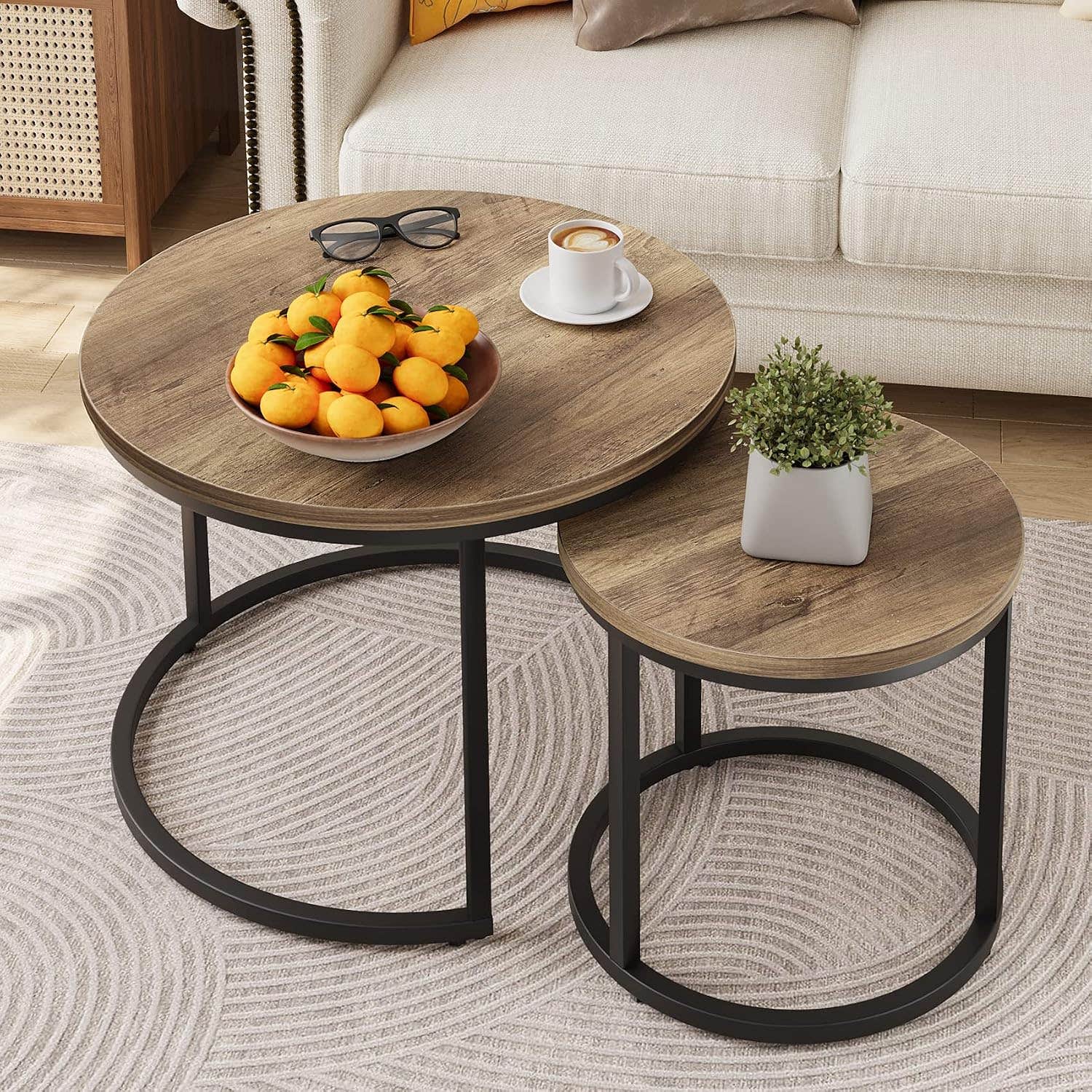 Smuxee Round Nesting Coffee Tables Set - Industrial Yellow Wood, Modern Design