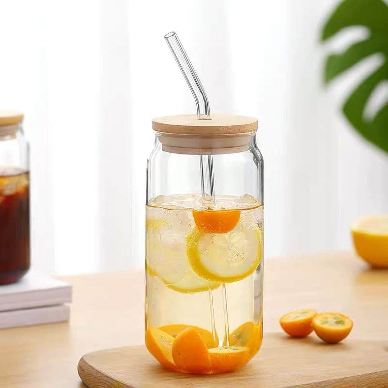 Pyrex Glass Straw with Bamboo Lid - Leak Proof, 600ml - Hot/Cold Beverages