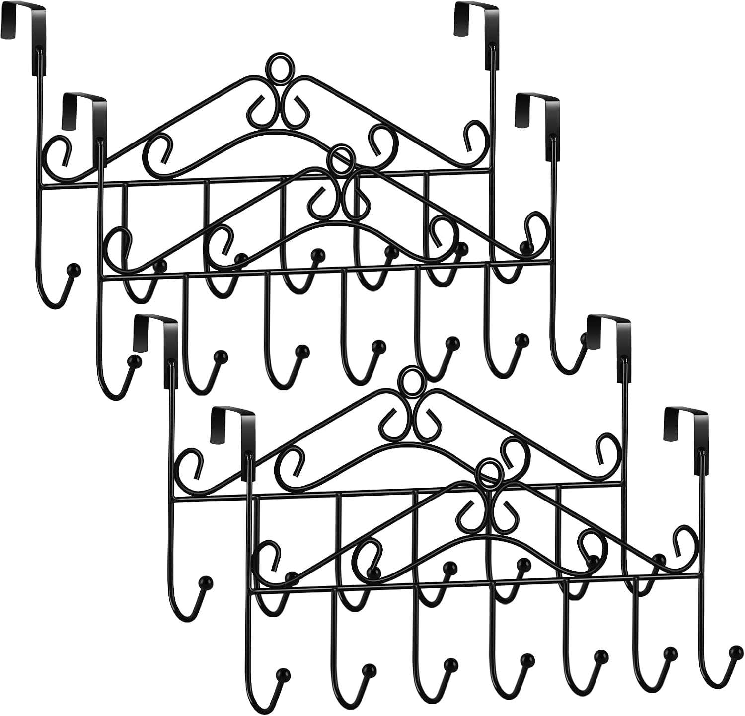 Nandae 4 Pack Over The Door Hooks Hanger,Over The Door Towel Rack Coat Rack with 7 Hooks, Metal Hanging Organizer for Clothes Coat Hat Towel Bedroom Bathroom, Black