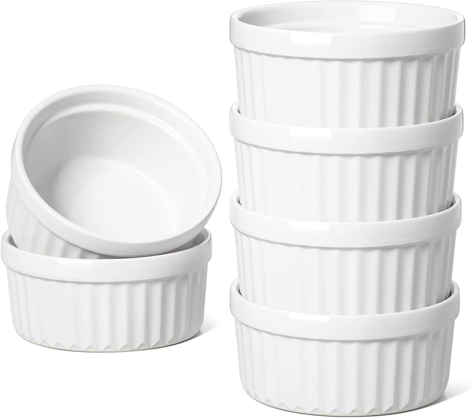 Set of 4 White Porcelain Ramekins for Baking & Serving - Oven, Microwave, Dishwasher Safe