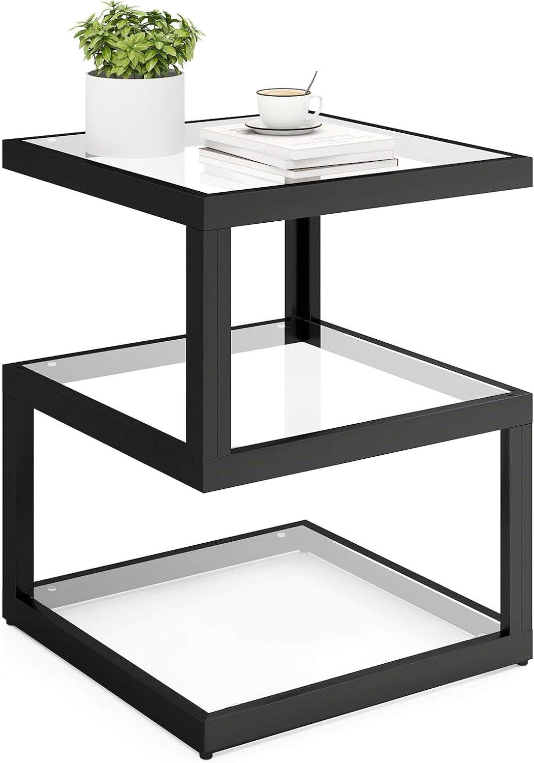 Permory 3-Tier Glass End Table with LED Strip, Modern S-Shaped Design - Black Square