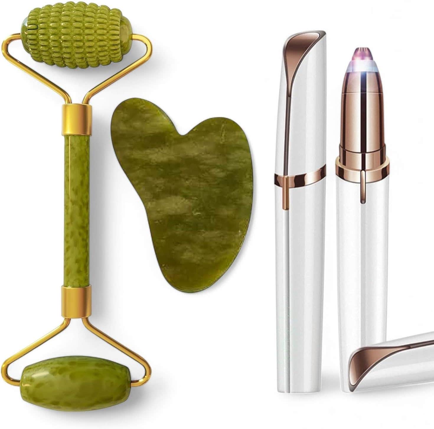 Natural Jade Roller & Gua Sha Set with Eyebrow Hair Removal Pen - Anti-Aging Facial Massage Kit
