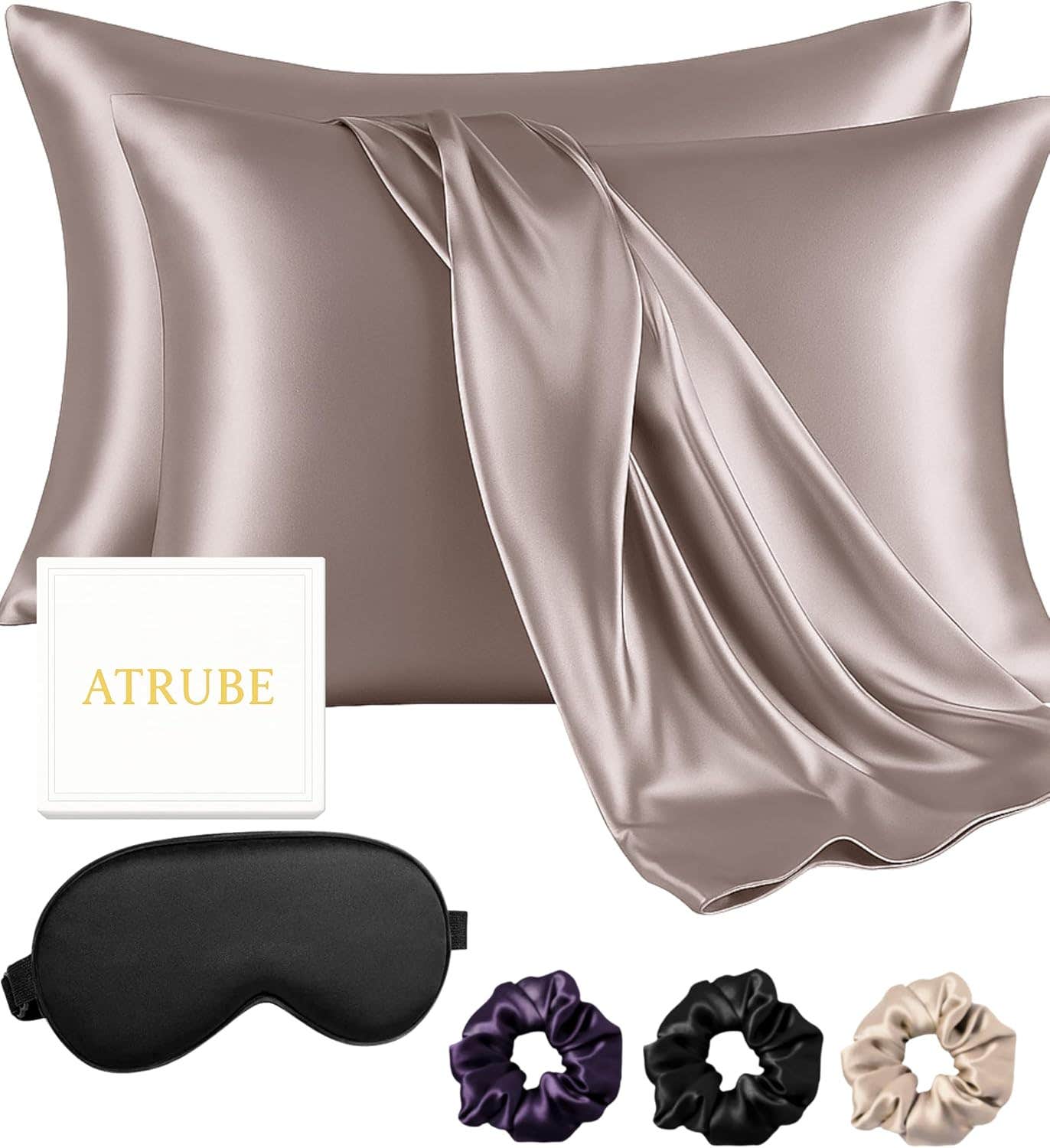Atrube Silk Pillow Protectors Set with Scrunchies | Majestic Gold | Standard Size