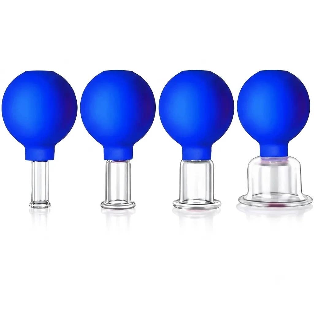 Glass Facial Cupping Professional Massager Set- 4Pcs Silicone Vacuum Suction Face Massage Cups Anti Cellulite Lymphatic Therapy Sets For Eyes,Face And Body, Blue