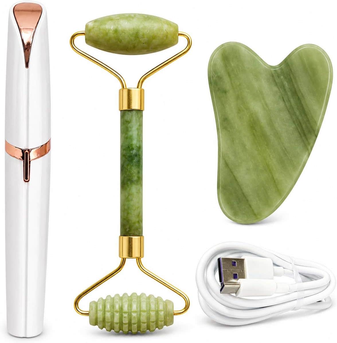 Jade Roller Set: 3-in-1 Facial Massager & Gua Sha Stone