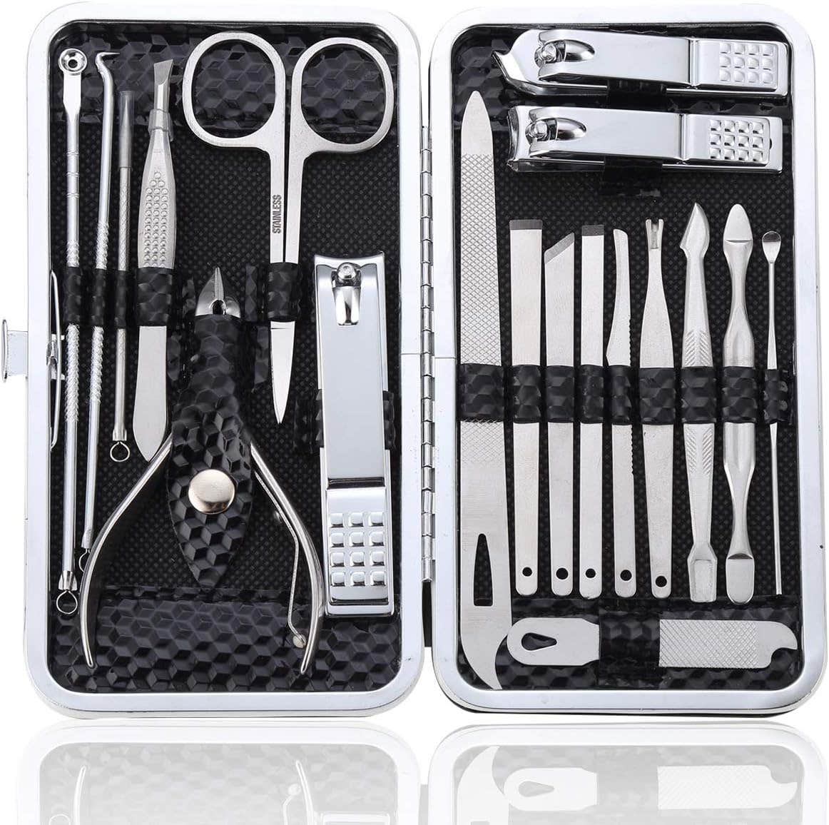 Professional 19-Piece Stainless Steel Manicure Pedicure Kit with PU Leather Case