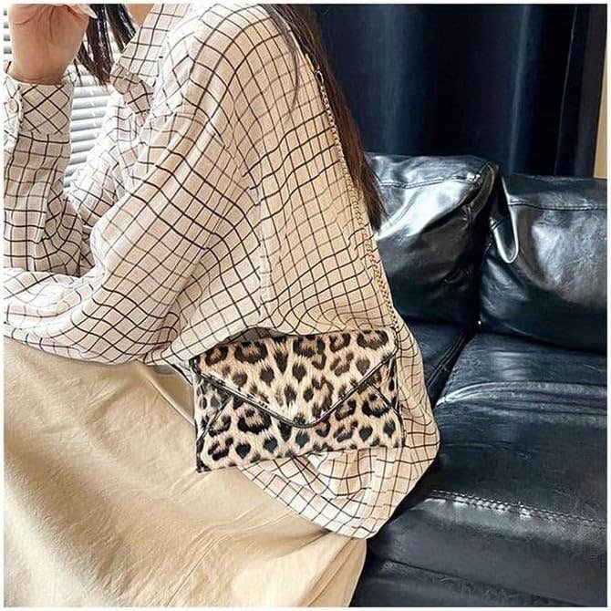 Leopard Pattern Crossbody Bag with Gold Chain - Women's Envelope Clutch