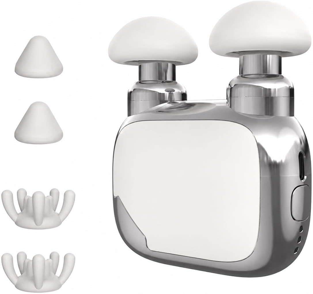 Portable Mini Massager, Dual Head Handheld Vibration Massage Device with 6 Silicone Attachments, Compact Body Massager for Neck Shoulder Back Leg, Travel Office Home Use, Silver,