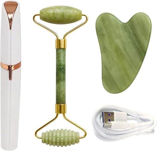 Jade Roller 3 In 1 Beauty Set With Facial Massage Tool Eyebrow Razor And Gua Sha Stone Skincare Kit For Women Face And Body Relaxation Hair Removal