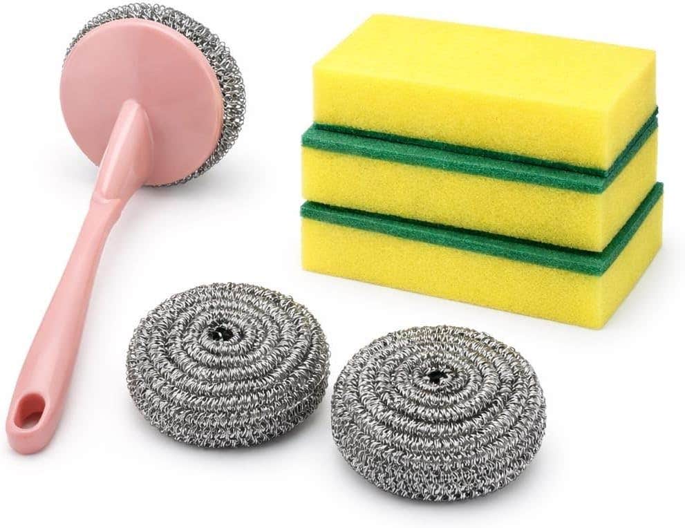 Generic Stainless Steel Scrub Sponge Set, 6-Piece with Long Handle - Kitchen Cleaning Tool