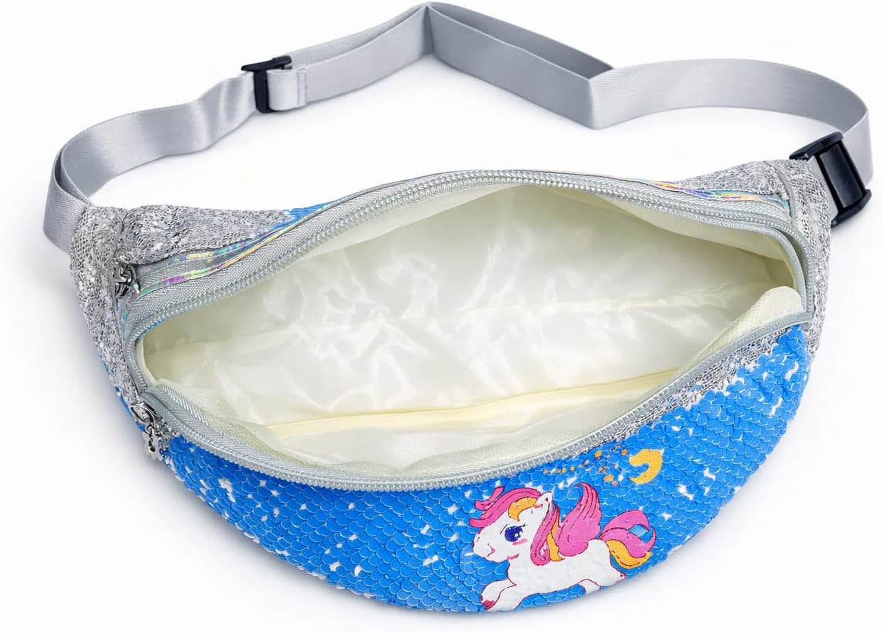 Kids Sequin Unicorn Waist Bag - Silver/Blue, Adjustable Strap