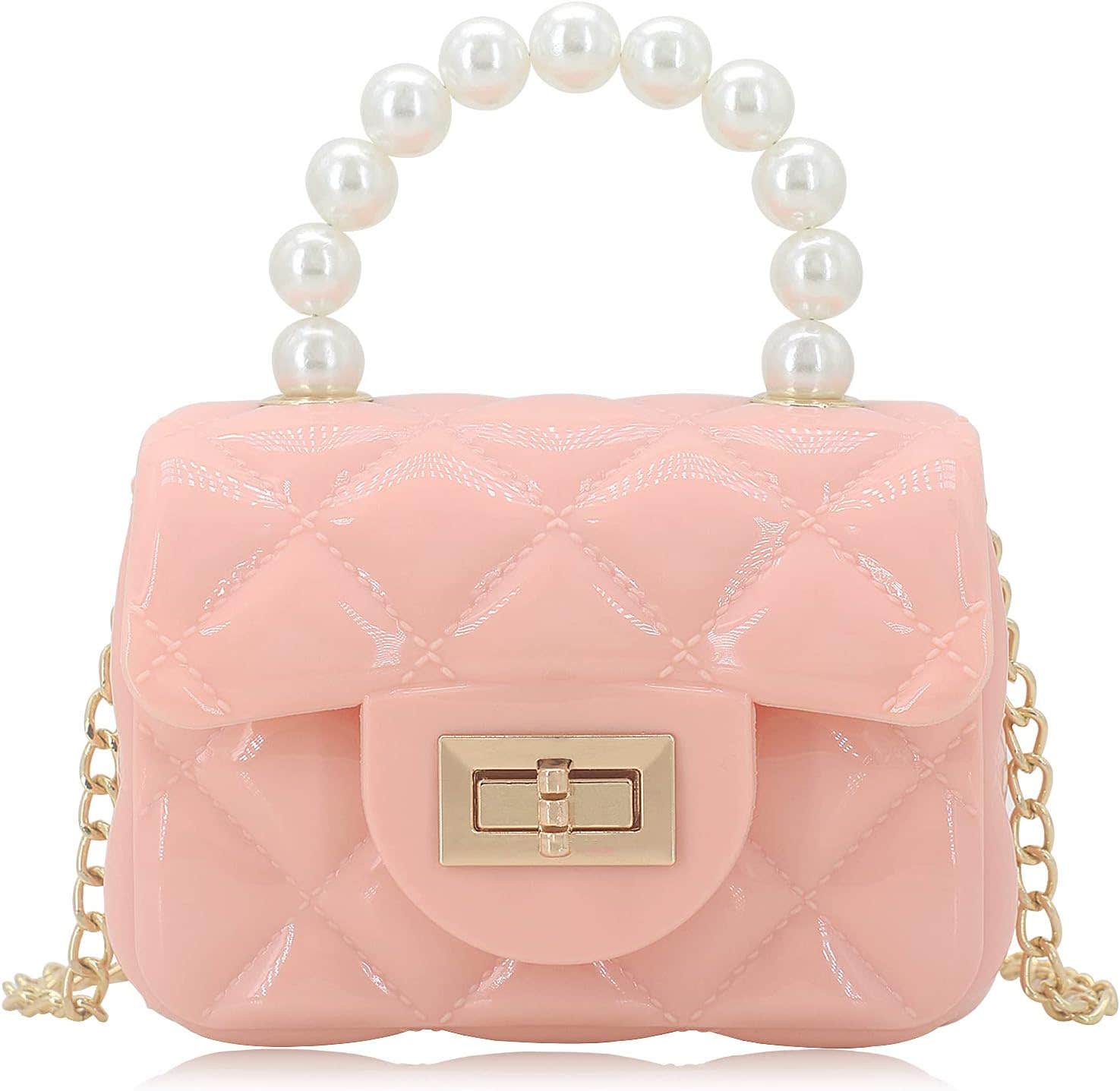 Nodeber Mini Jelly Purse Flap Handbag with Pearls - Top Handle Crossbody Bag