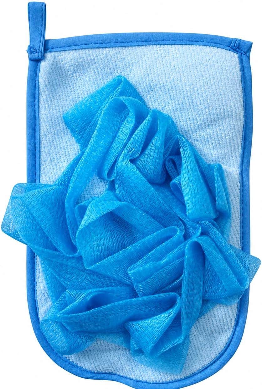 Double Sided Exfoliating Glove With Loofah Sponge, Body Scrubber Bath Mitt for Shower Gel, Daily Bath Care, Women and Men, (Blue)