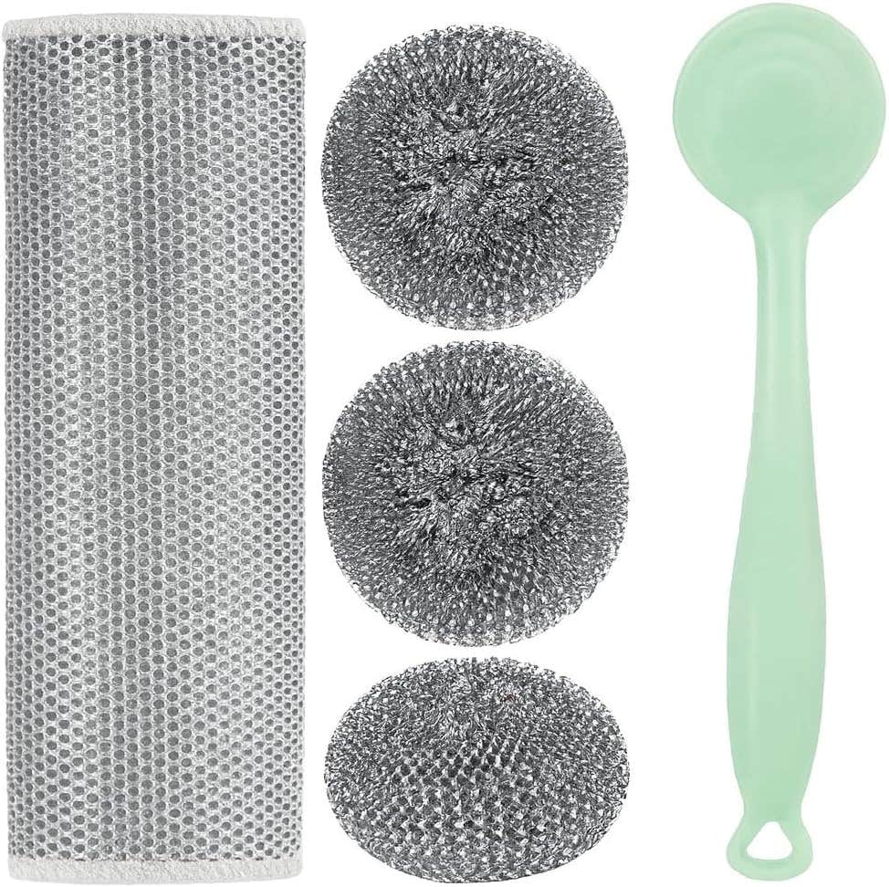 Dish Scrubber Stainless Steel 8 Pieces Set For Dishes With Handle And Mesh Sleeve Kitchen Cleaning Pads For Pots Pans And Grills
