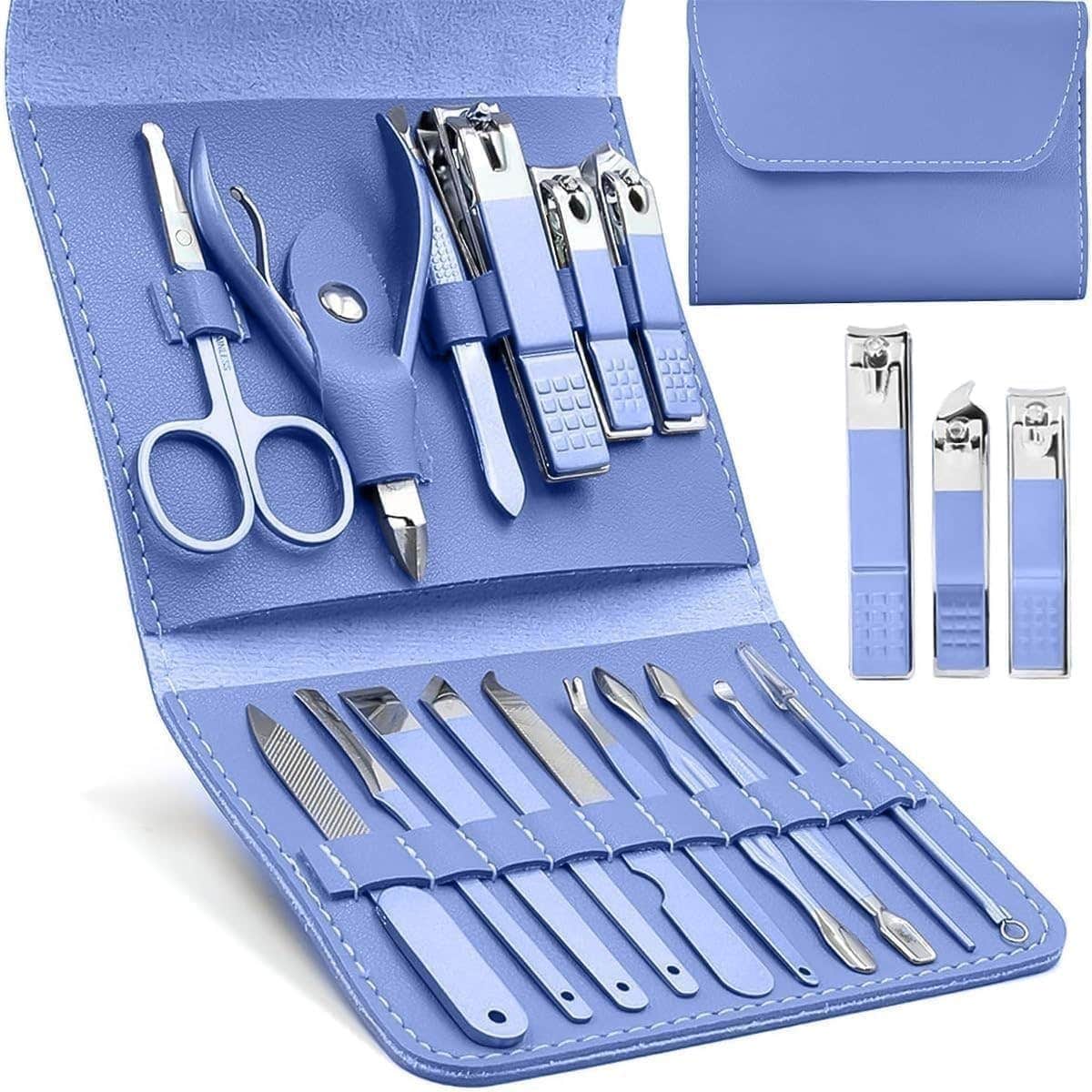 Manicure Set Pedicure Kit 16 in 1 Stainless Steel Nail Clippers Scissors Grooming Tools for Men Women with Leather Case Professional Nail Care (Blue)
